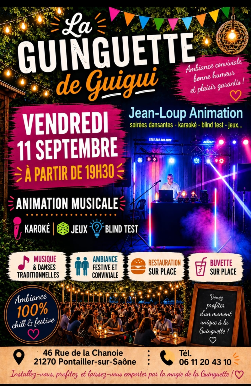 personnes qui dinent dans une guiguette, et dj derrière ses platines